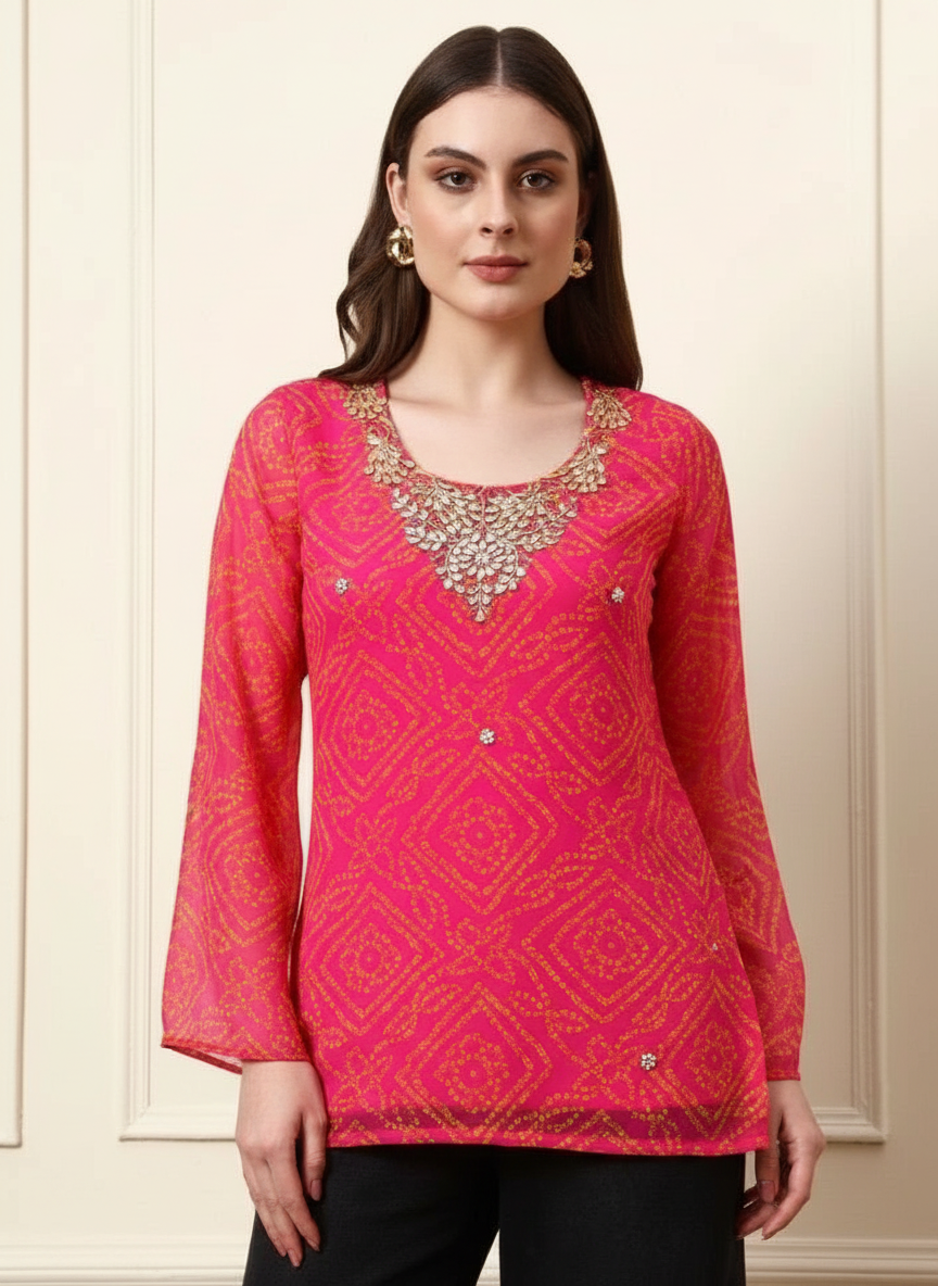 Pink Embroidered Georgette Short Kurti