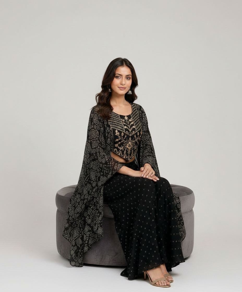 Ethnic Black Crop Top with Cape view 3