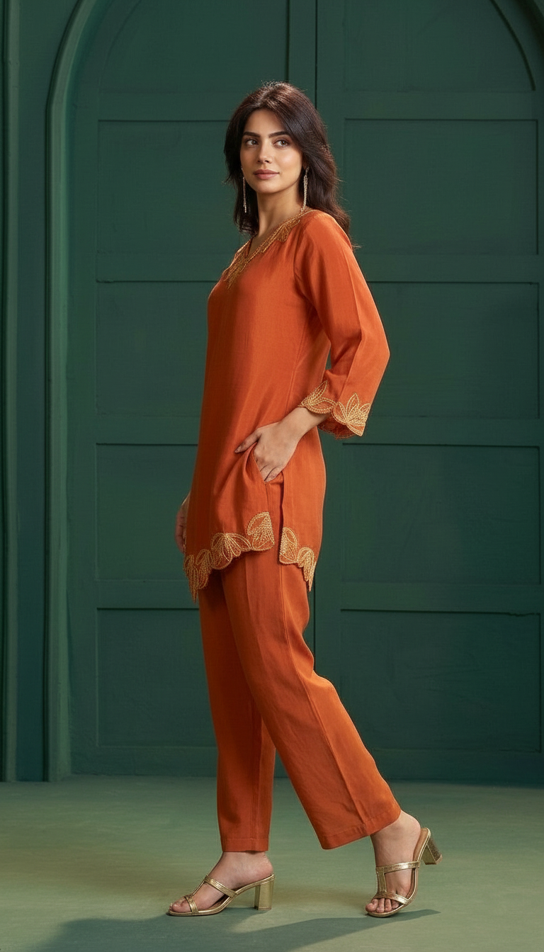 Rust N-Crepe Embroidered Kurta Set view 5