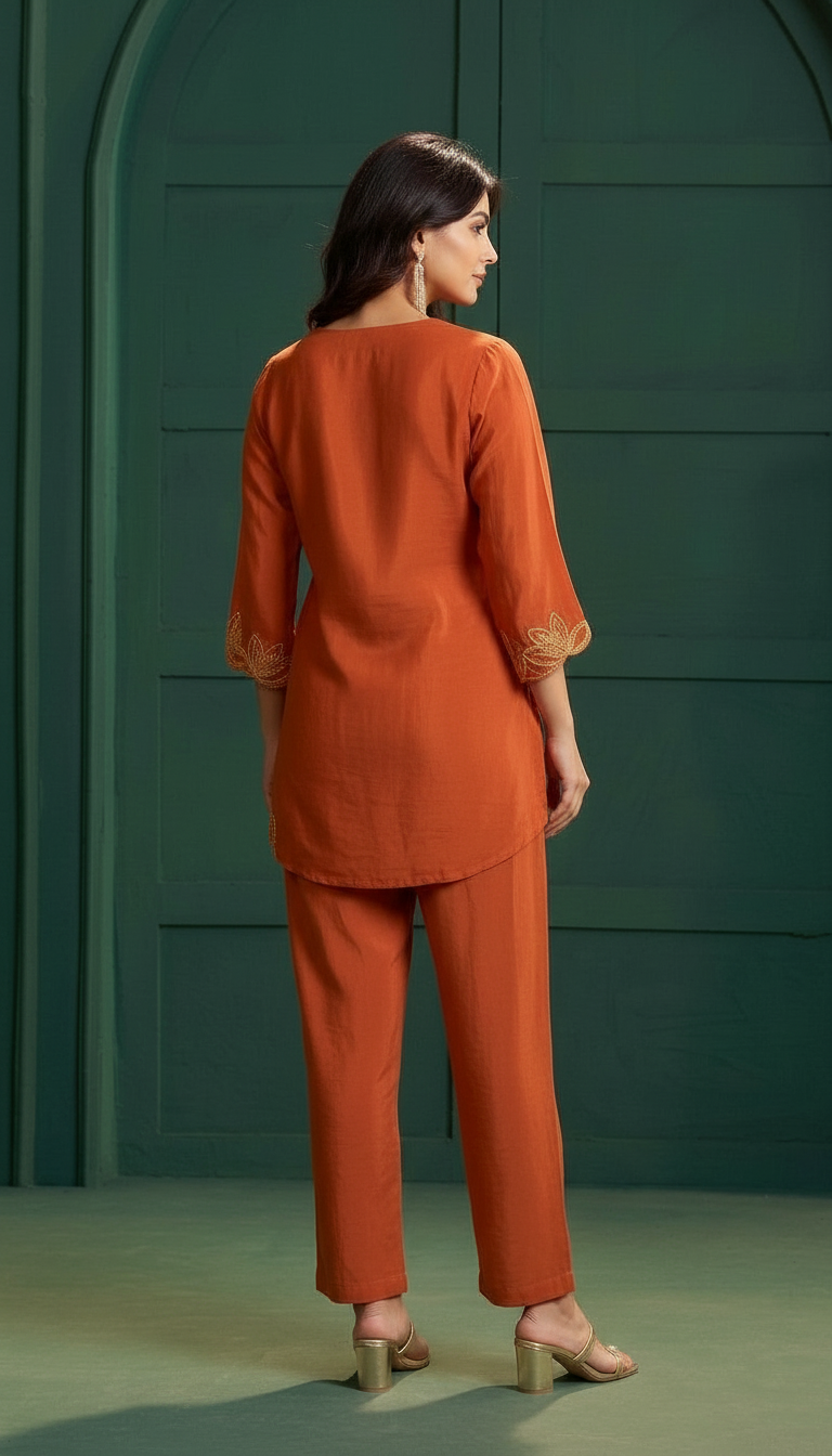 Rust N-Crepe Embroidered Kurta Set view 6
