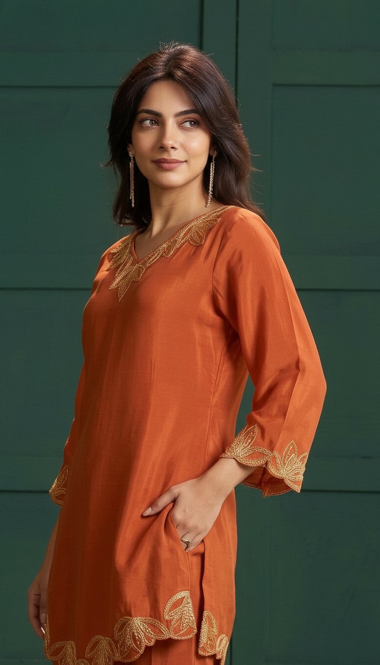 Rust N-Crepe Embroidered Kurta Set view 2