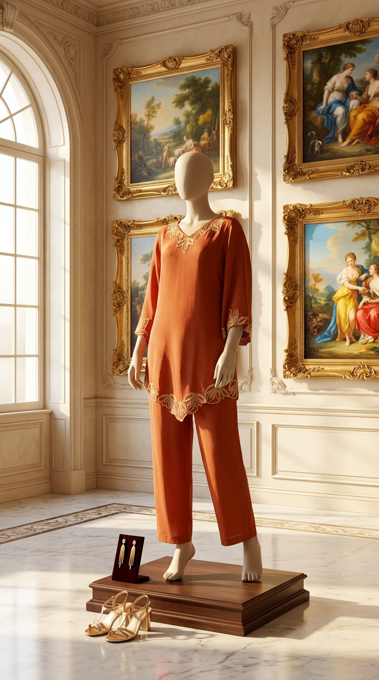 Rust N-Crepe Embroidered Kurta Set view 3