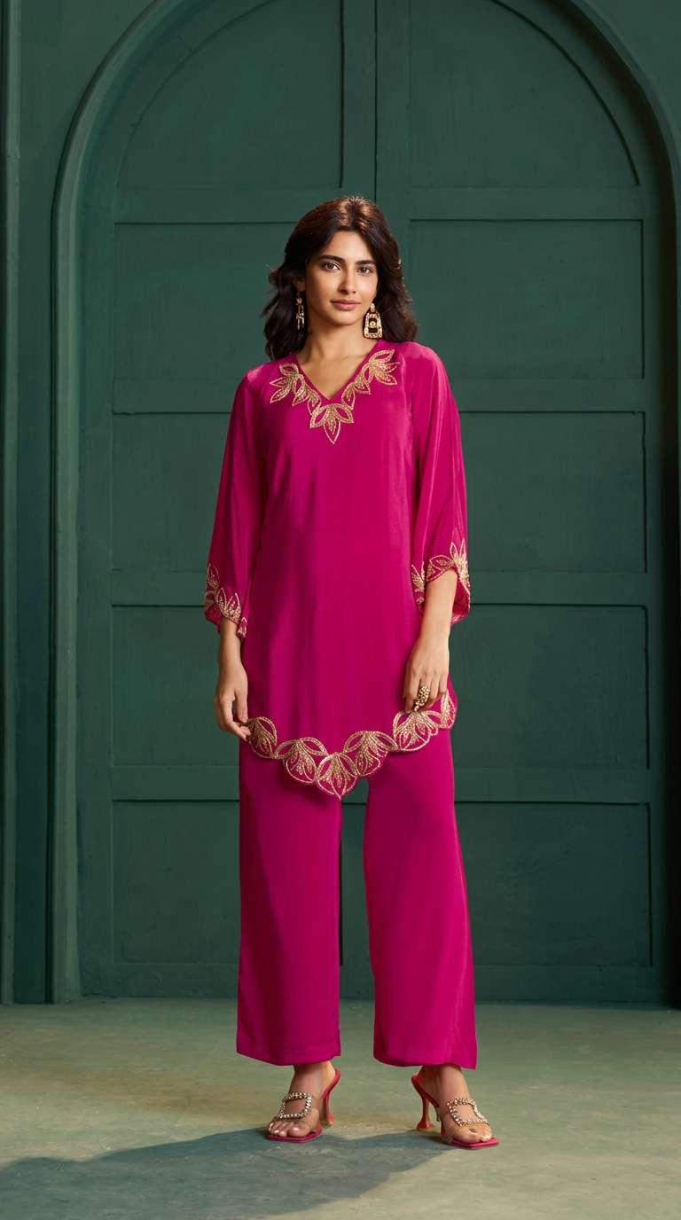 Pink Natural Crepe Embroidered Kurta Set view 5