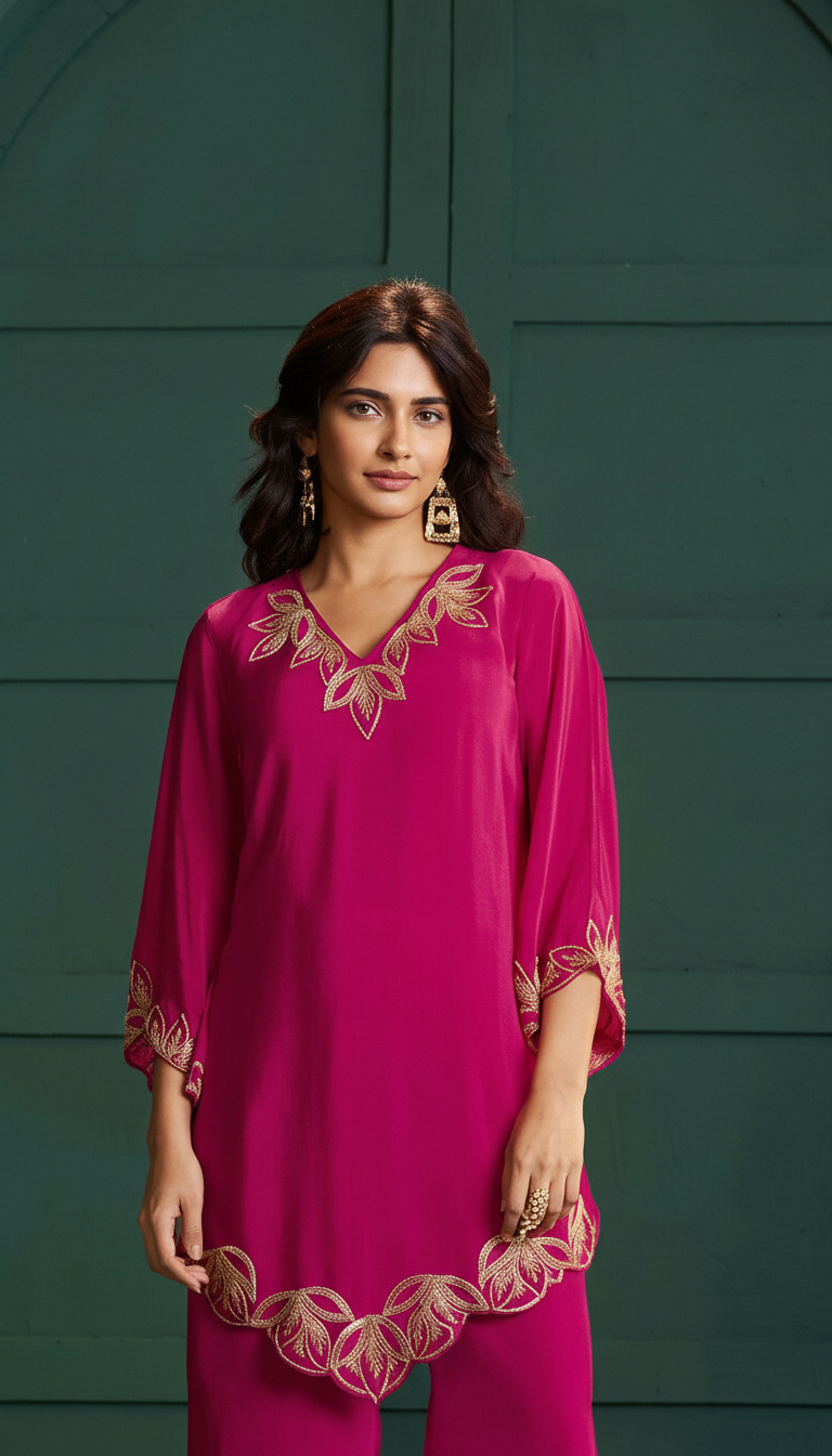 Pink Natural Crepe Embroidered Kurta Set