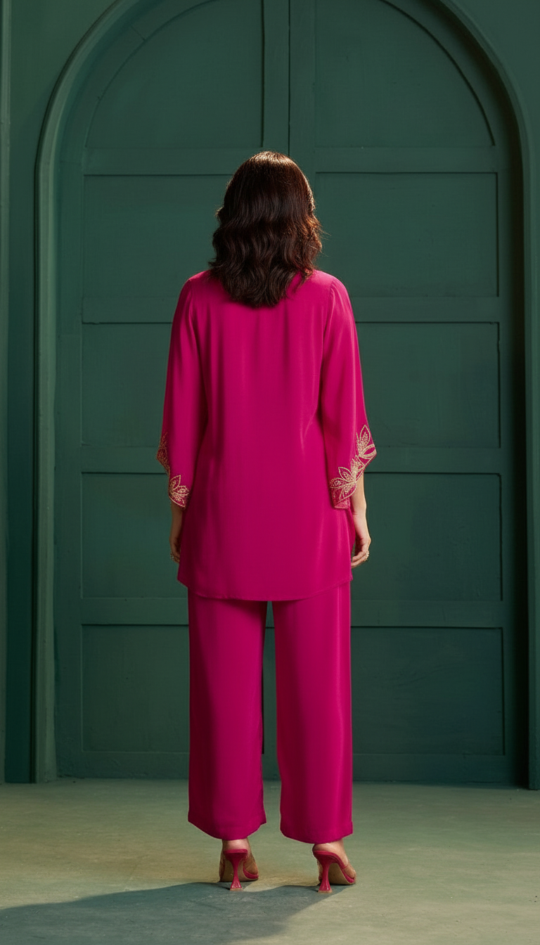 Pink Natural Crepe Embroidered Kurta Set view 4