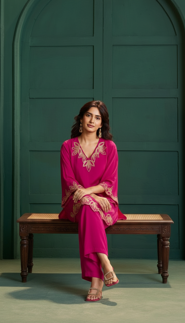 Pink Natural Crepe Embroidered Kurta Set view 2