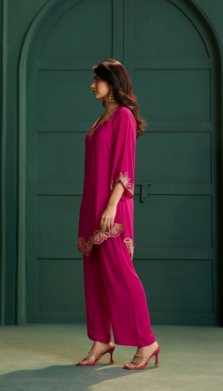 Pink Natural Crepe Embroidered Kurta Set view 3