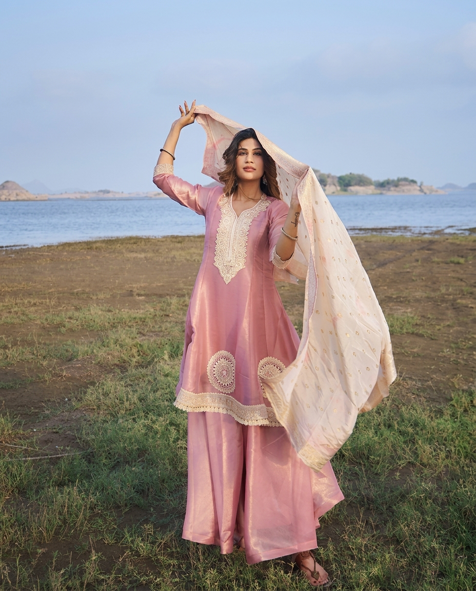 Pink Short Anarkali Set view 7