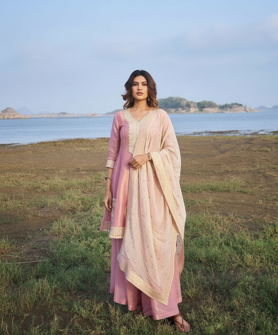 Pink Short Anarkali Set view 4