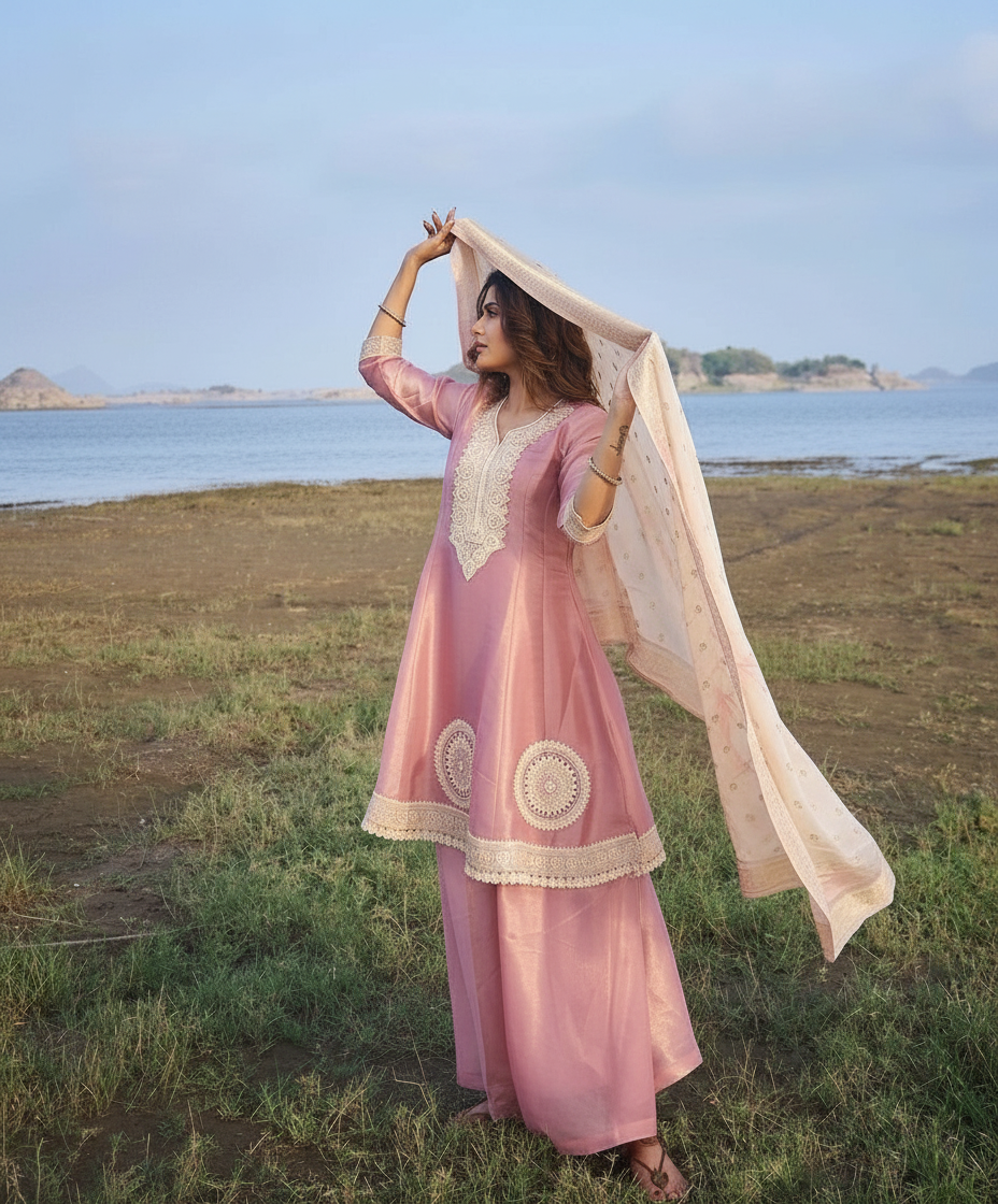 Pink Short Anarkali Set view 5
