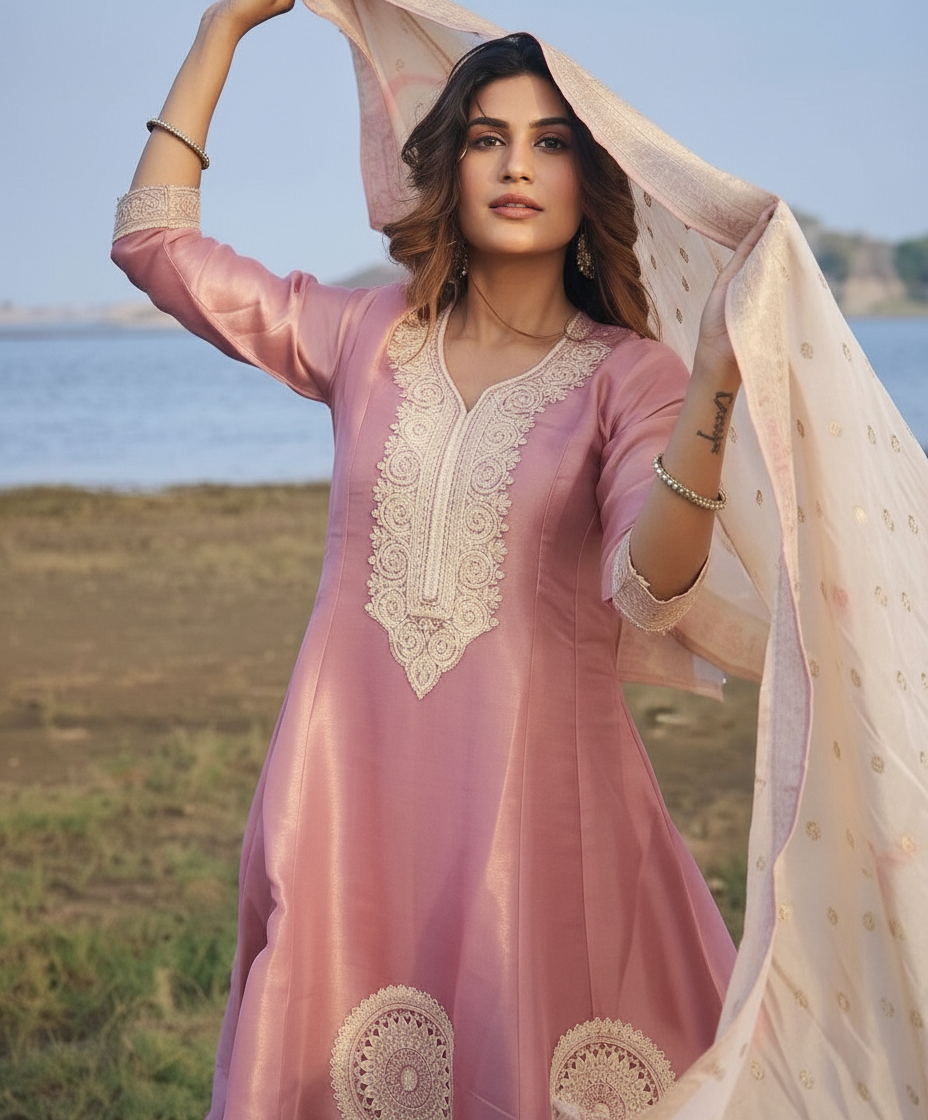 Pink Short Anarkali Set view 2