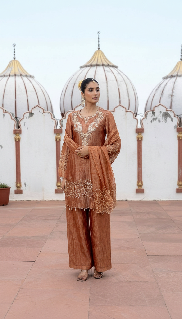 Rust Embroidered Cut Work Set view 2