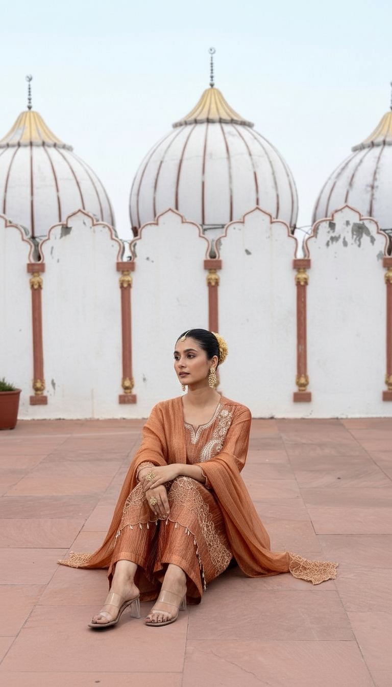 Rust Embroidered Cut Work Set view 4