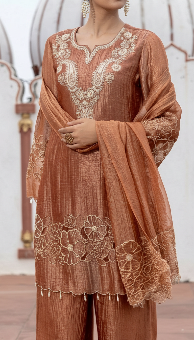 Rust Embroidered Cut Work Set