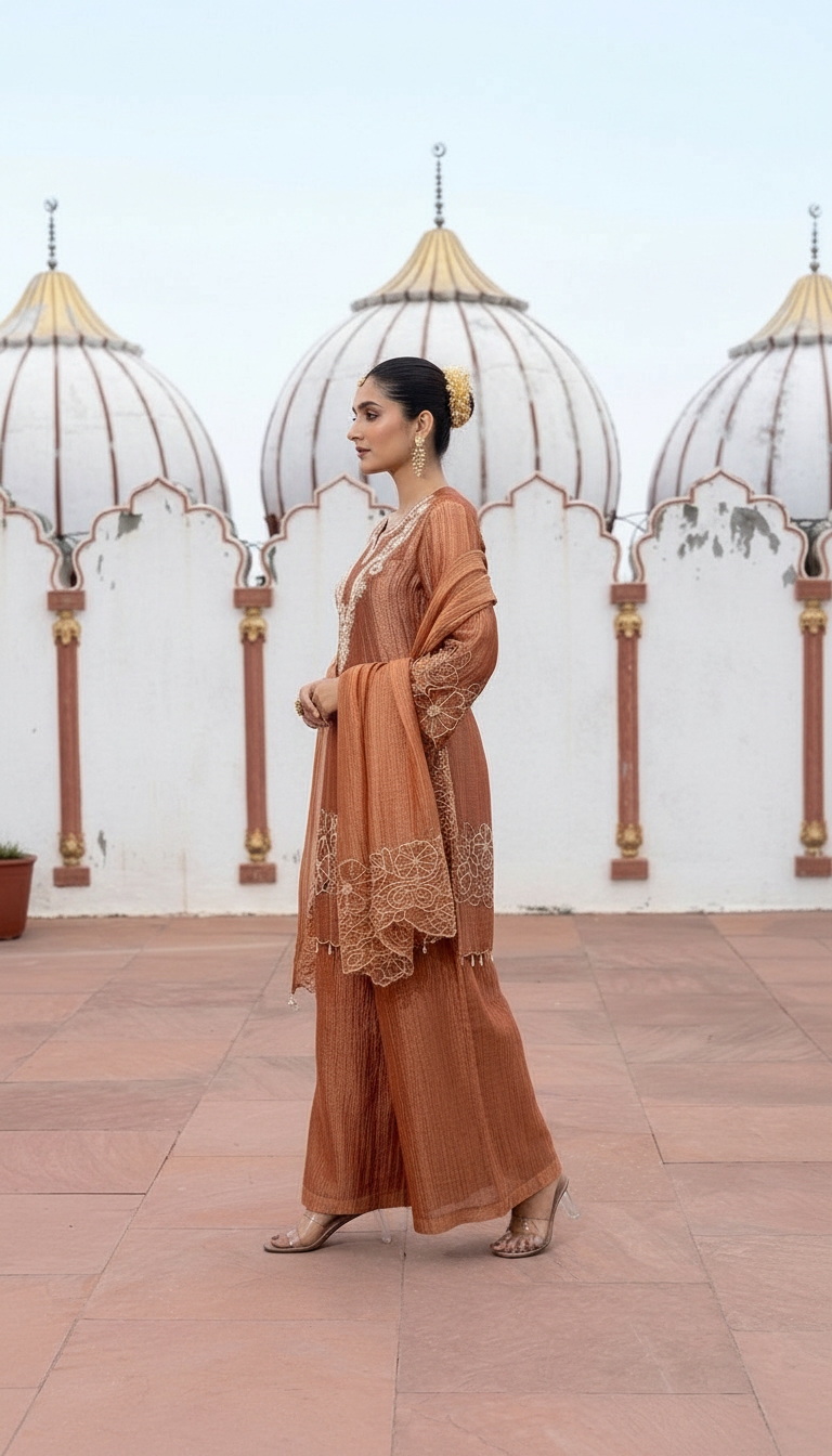 Rust Embroidered Cut Work Set view 3