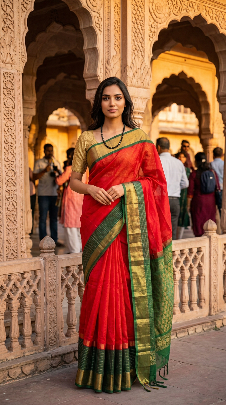 Red and Green Silk Saree view 5