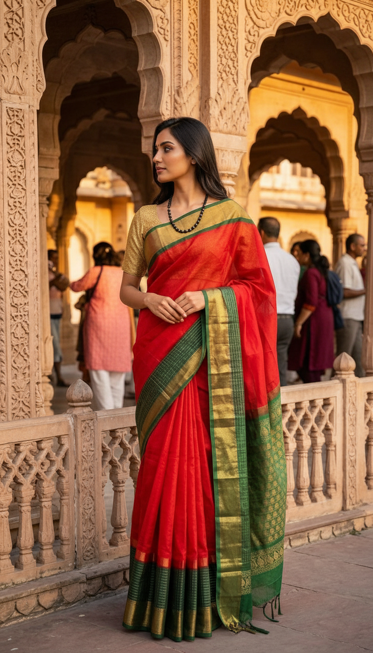 Red and Green Silk Saree