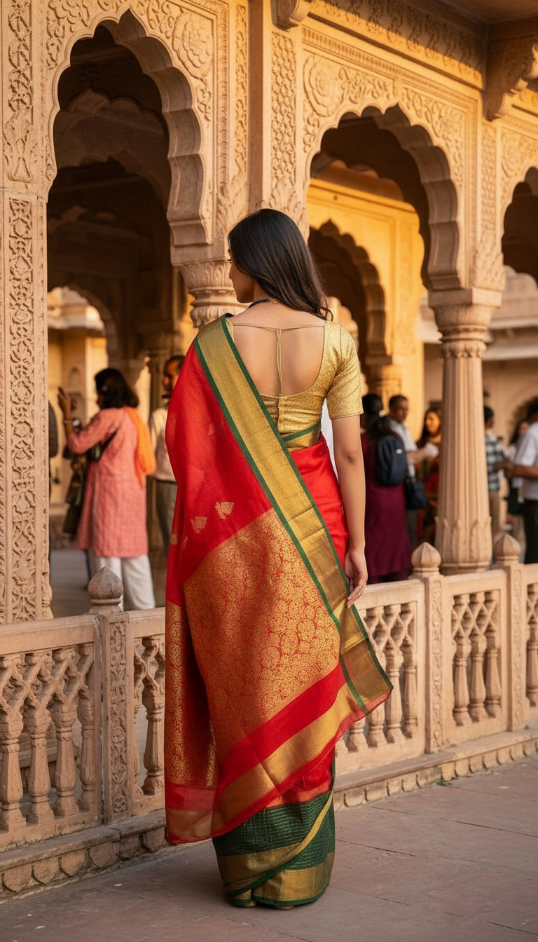 Red and Green Silk Saree view 3