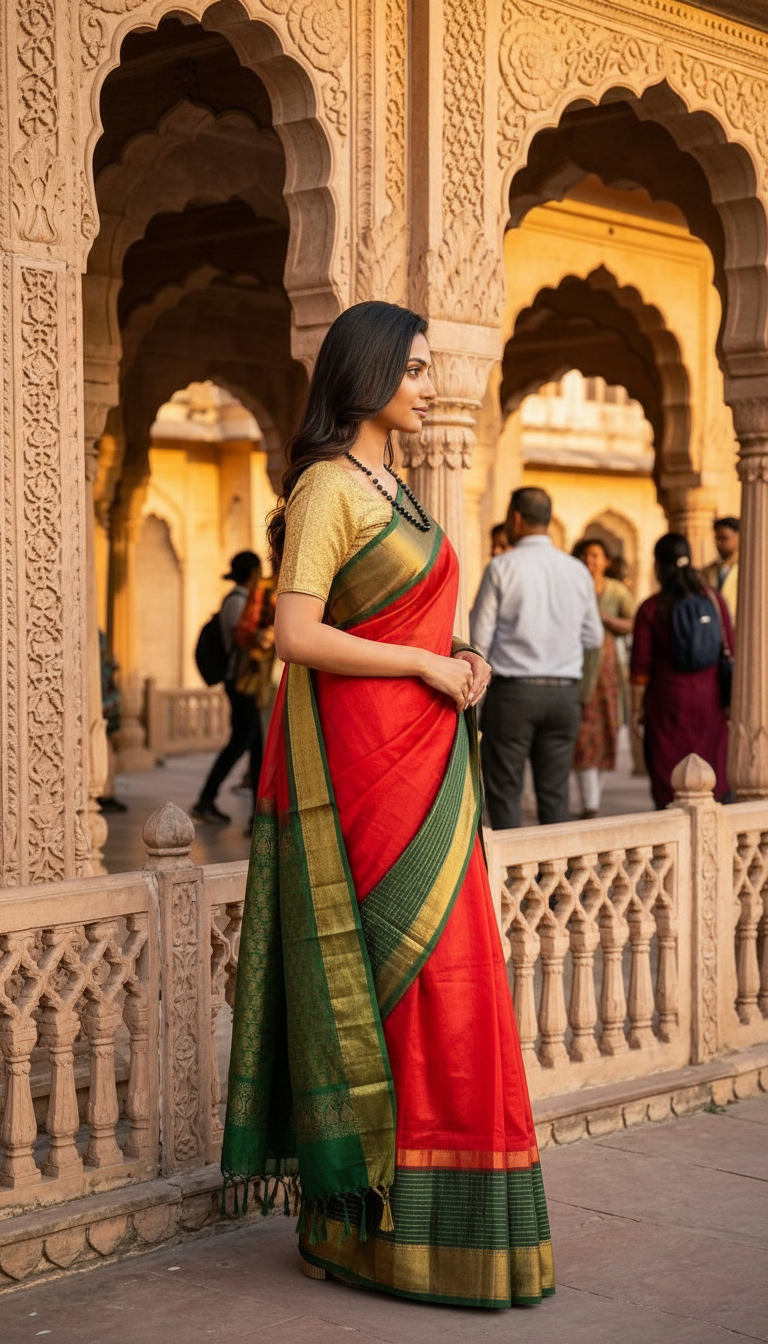 Red and Green Silk Saree view 2