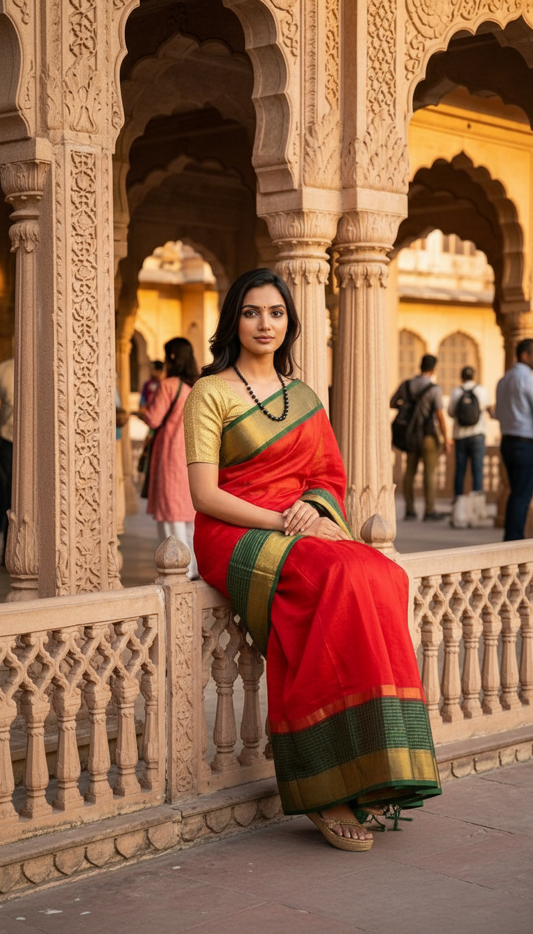 Red and Green Silk Saree view 4