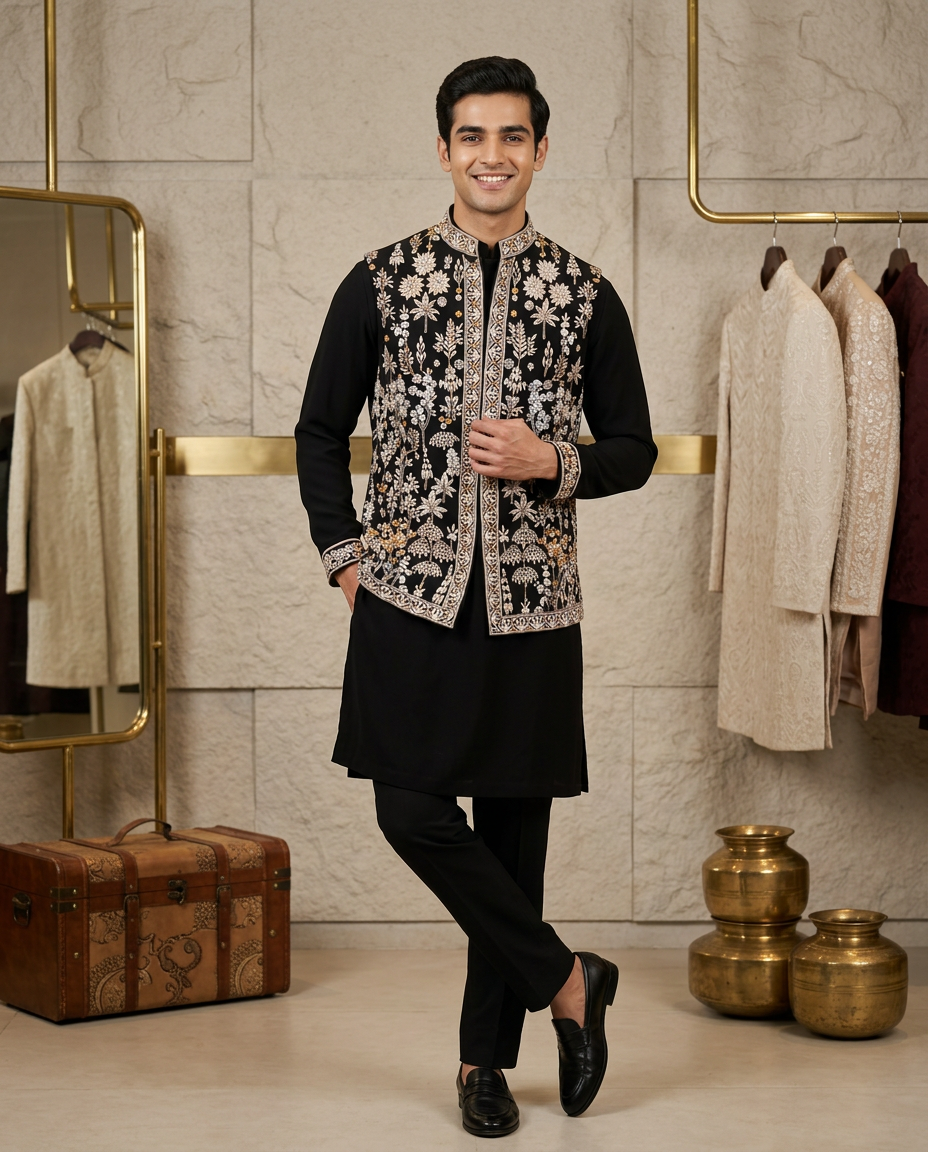 Ojasvi Men Black Embroidered Jacket With Kurta
