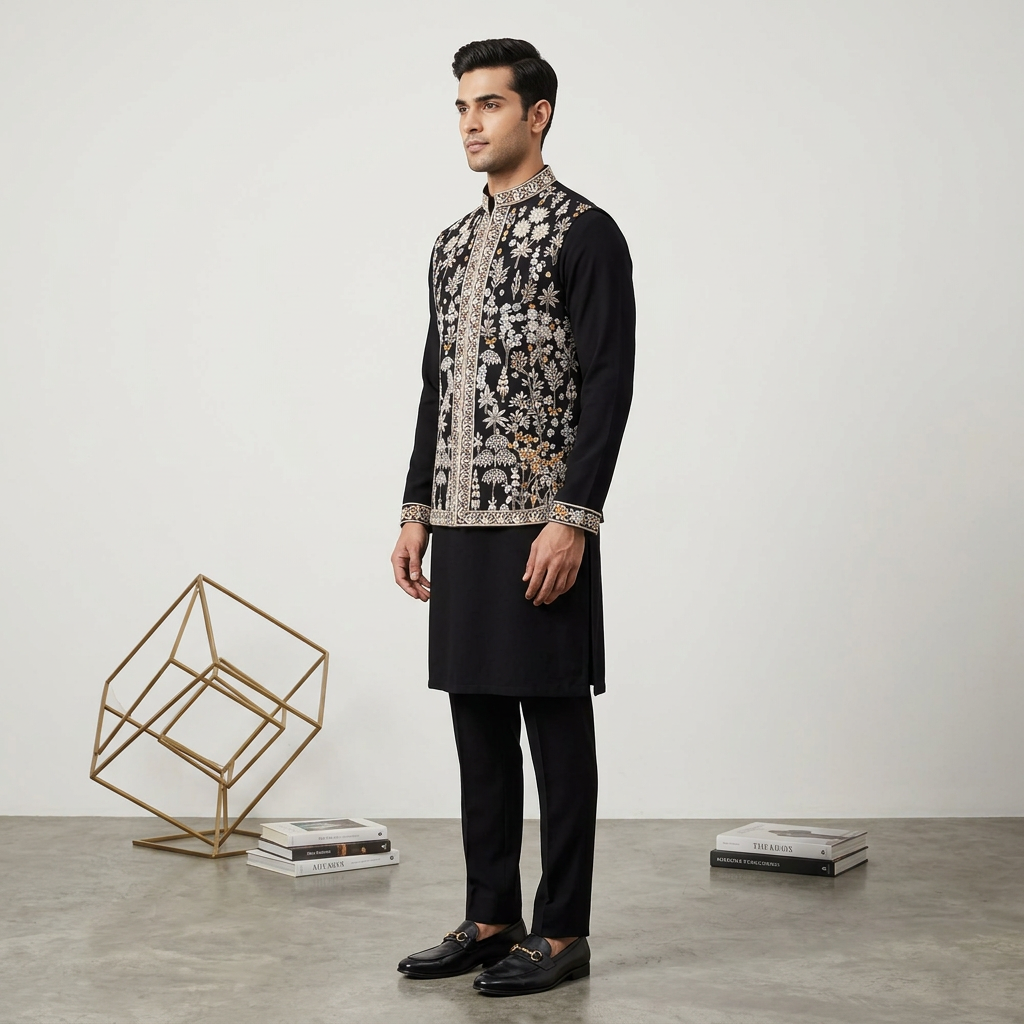 Ojasvi Men Black Embroidered Jacket With Kurta view 2