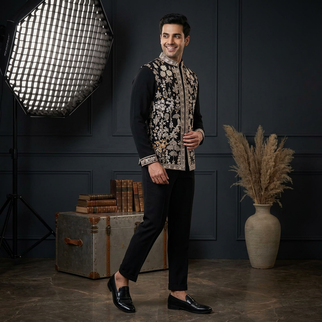 Ojasvi Men Black Embroidered Jacket With Kurta view 3