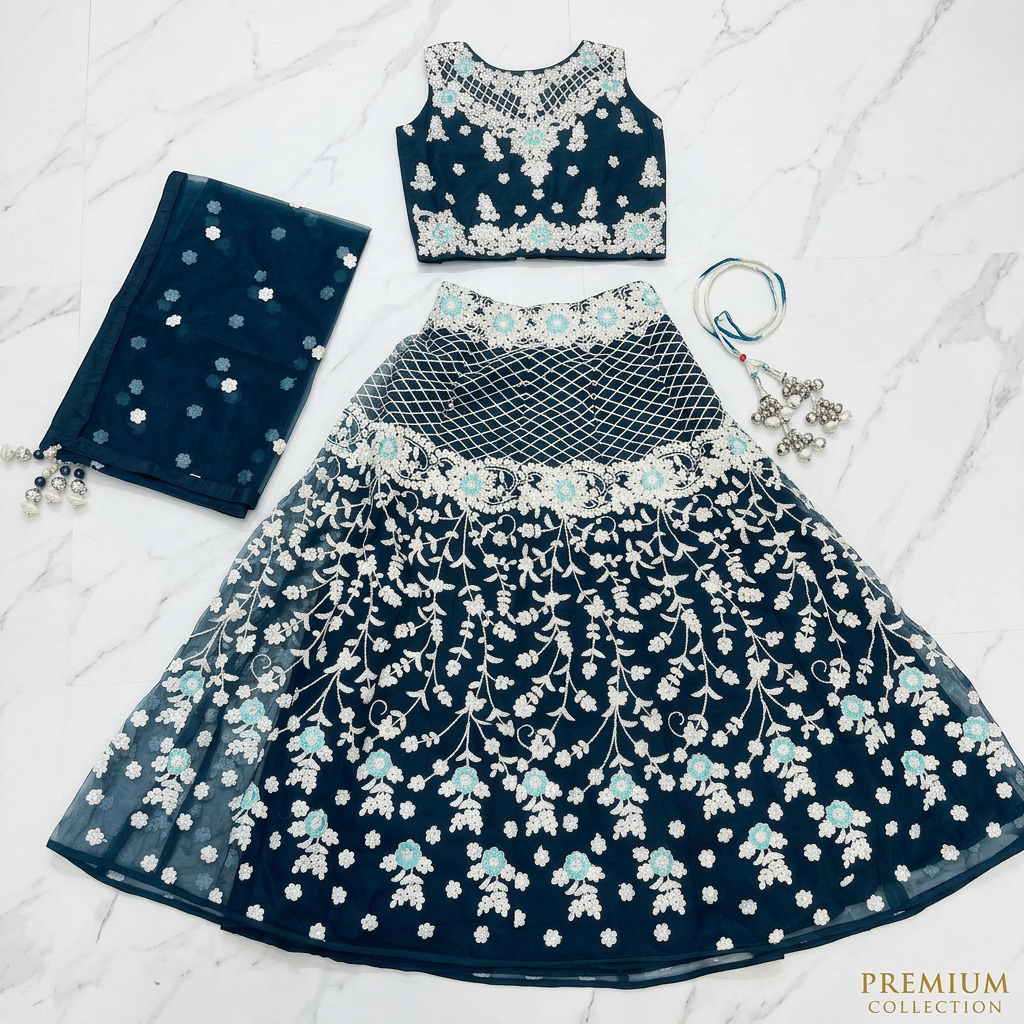 Floral Embroidered Lehenga Set view 2