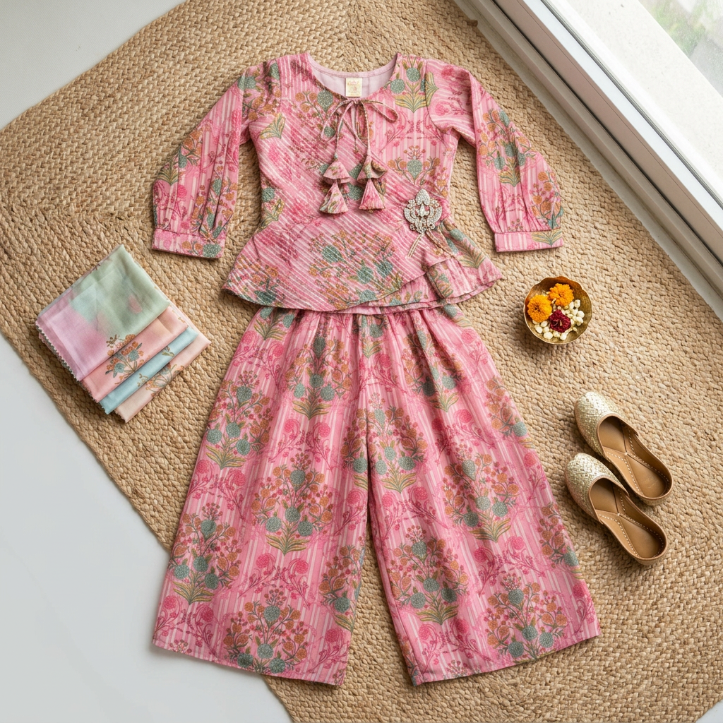 Pink Floral Girls Ethnic Set view 2