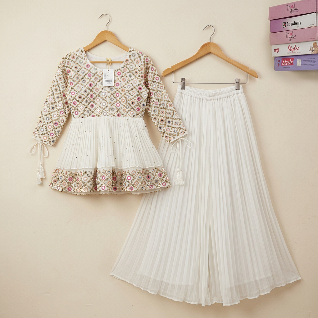Floral Embellished Top and White Palazzo Set view 2
