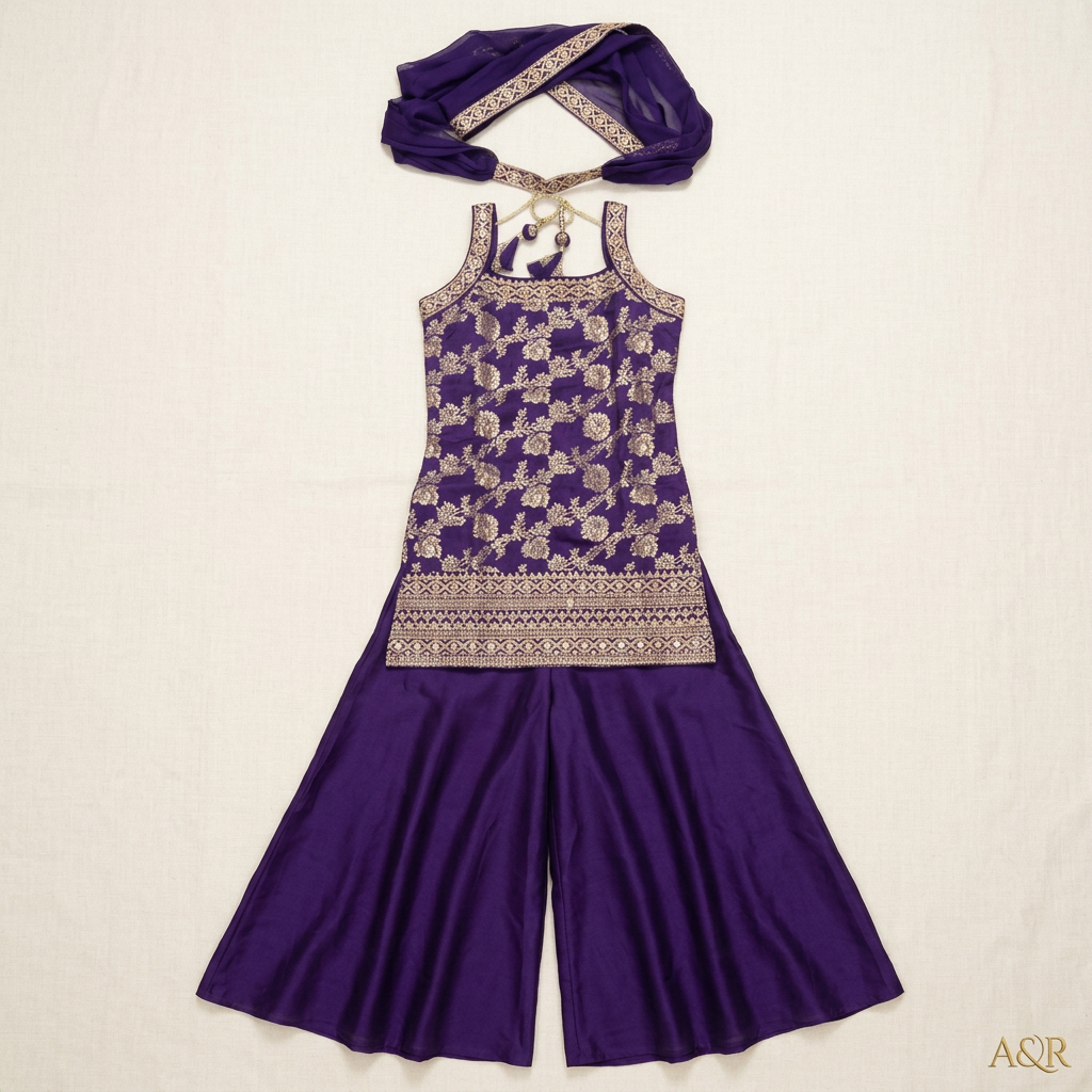 Purple Embroidered Girls Ethnic Set view 2