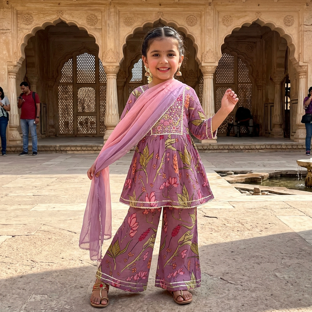 Pink Floral Girls Ethnic Wear Set
