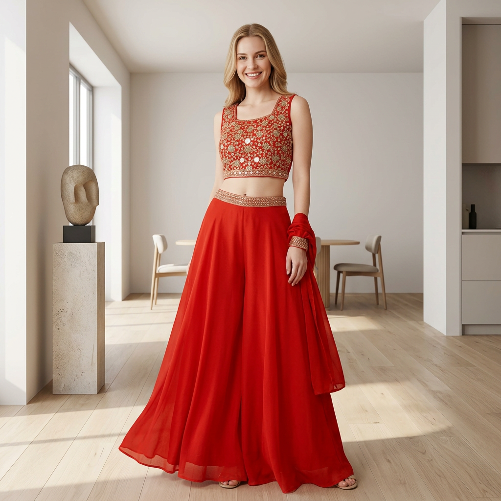 Red Embroidered Lehenga Choli Set view 2