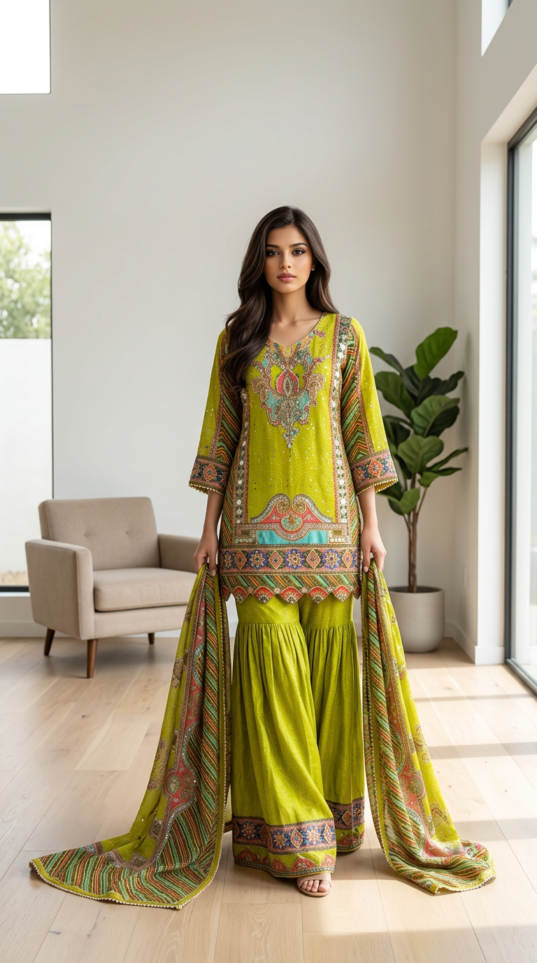Embroidered Green Sharara Suit by Glam Diva