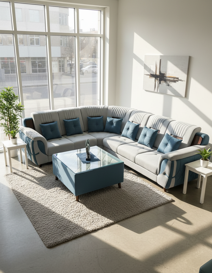 Elegant Blue and White L Shape Sofa