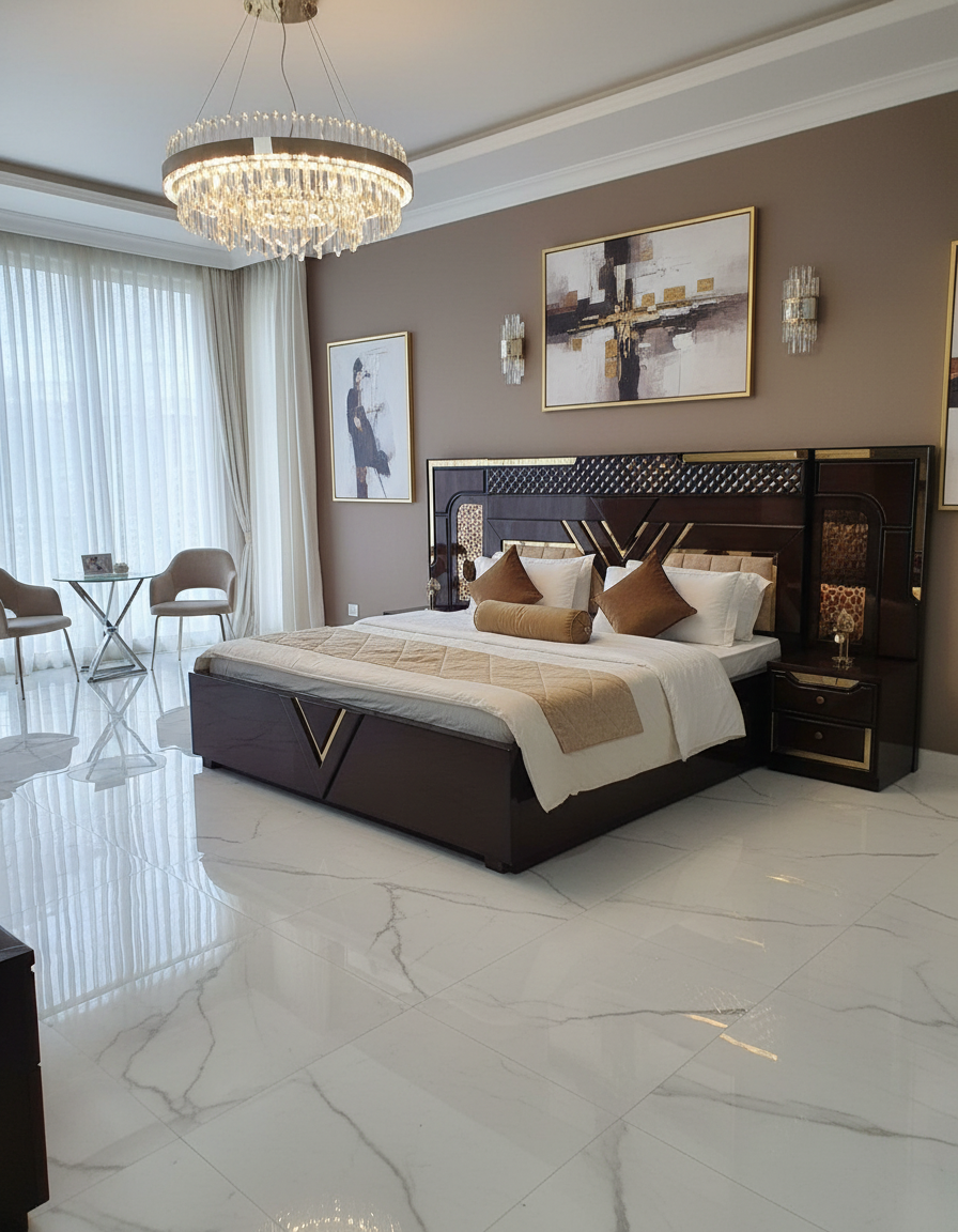 Wooden Bed With Side Table