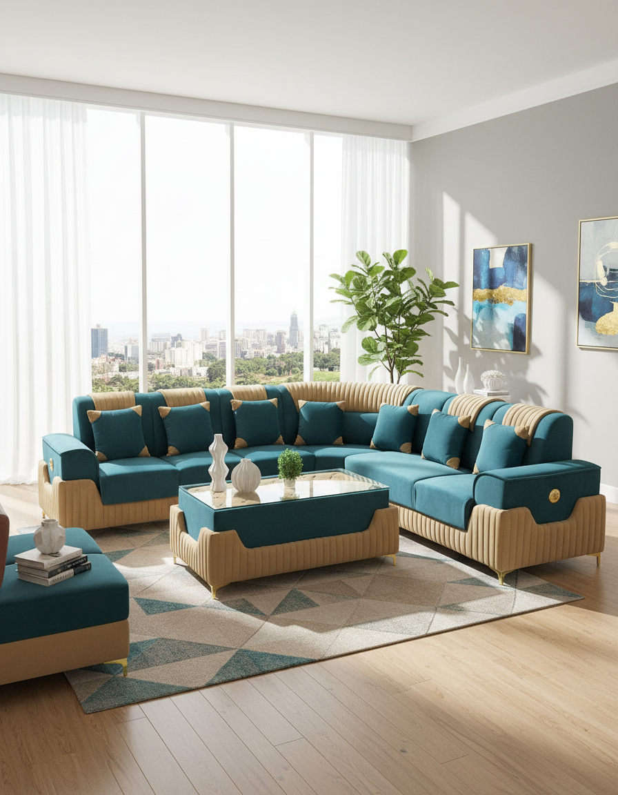Teal and Beige L Shape Sofa Set