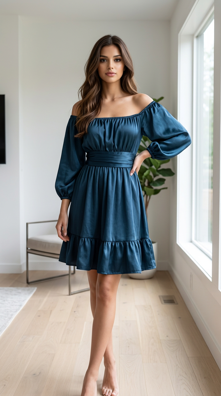 Off-Shoulder Flounce Satin Dress view 5