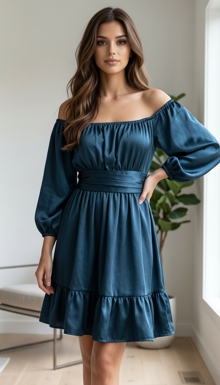 Off-Shoulder Flounce Satin Dress view 3
