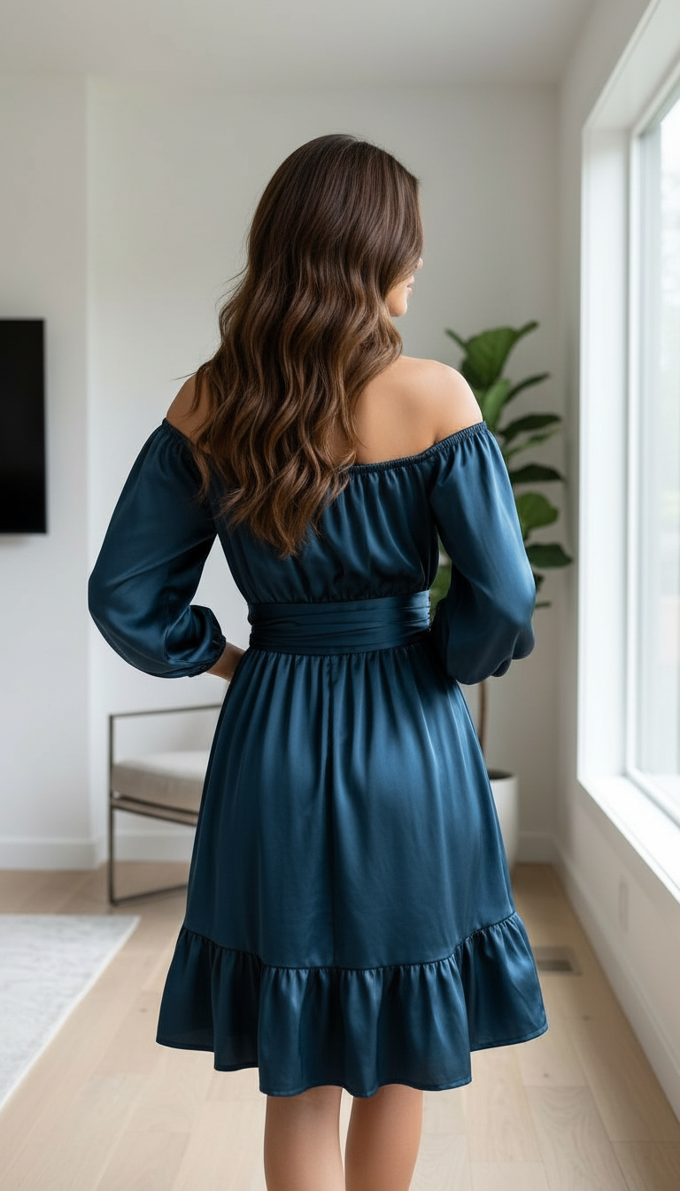 Off-Shoulder Flounce Satin Dress view 2