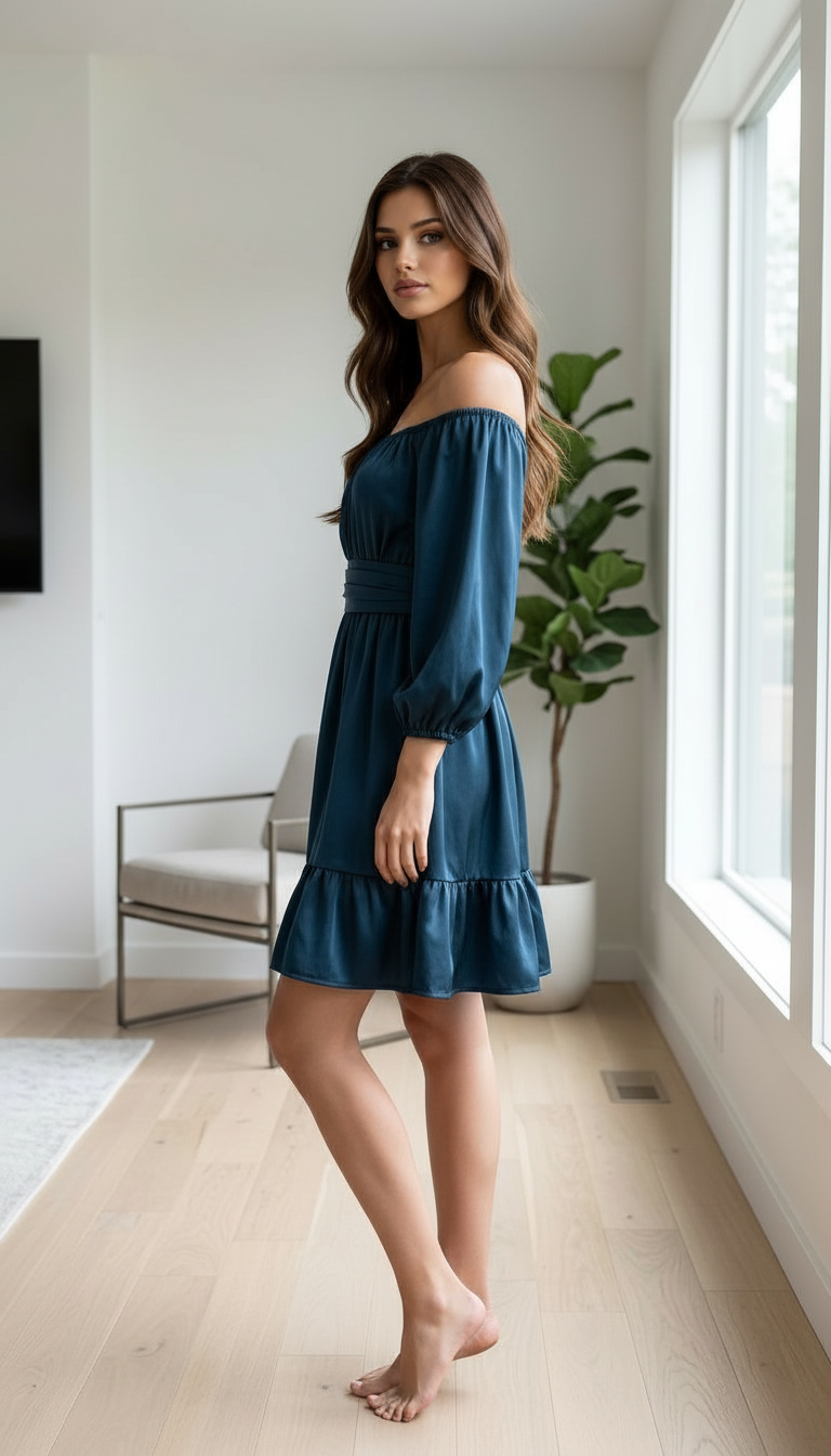 Off-Shoulder Flounce Satin Dress