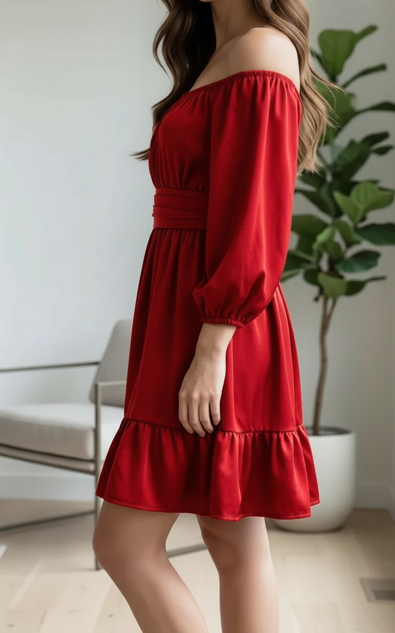 Red Off-Shoulder Satin Dress view 2