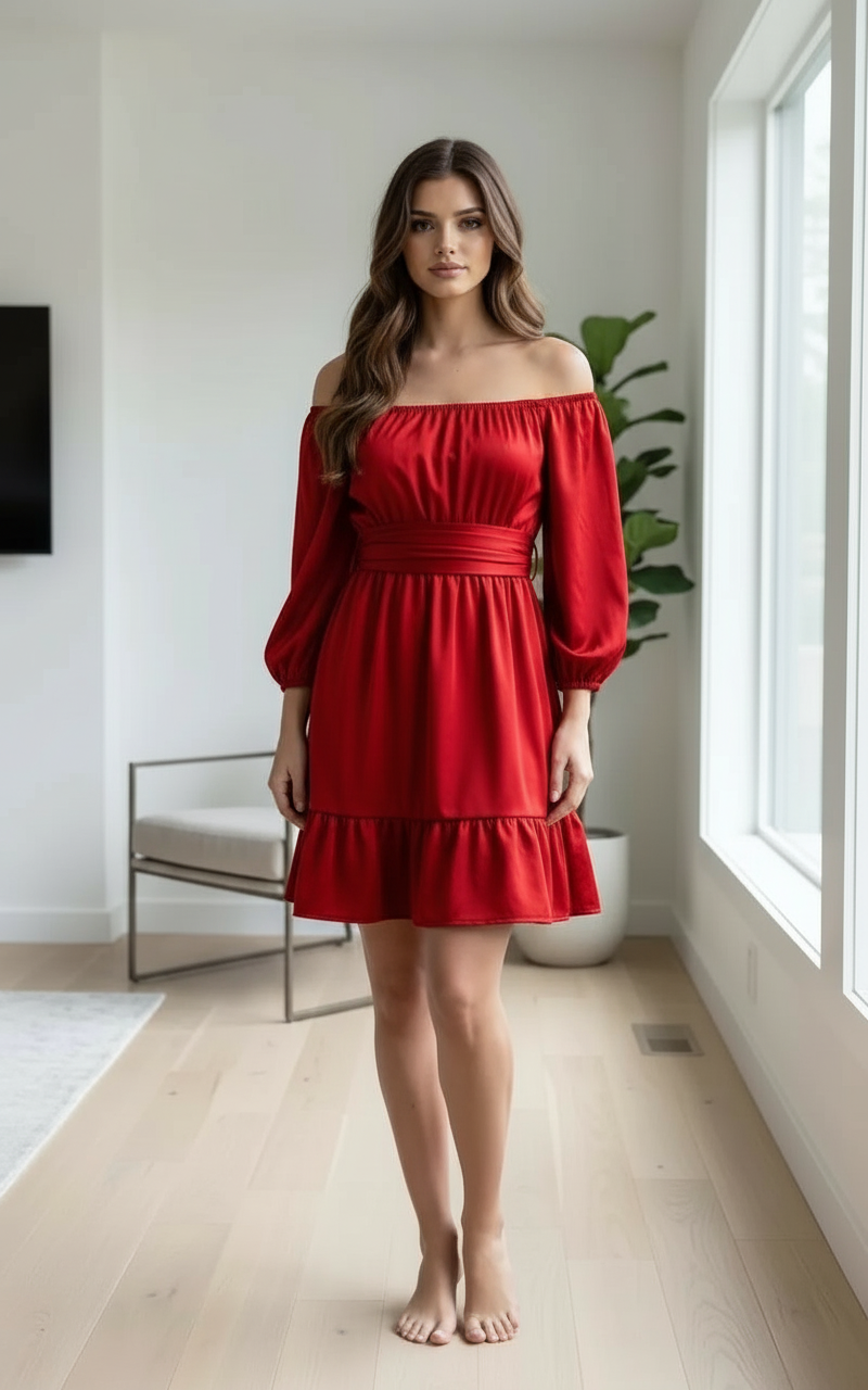 Red Off-Shoulder Satin Dress
