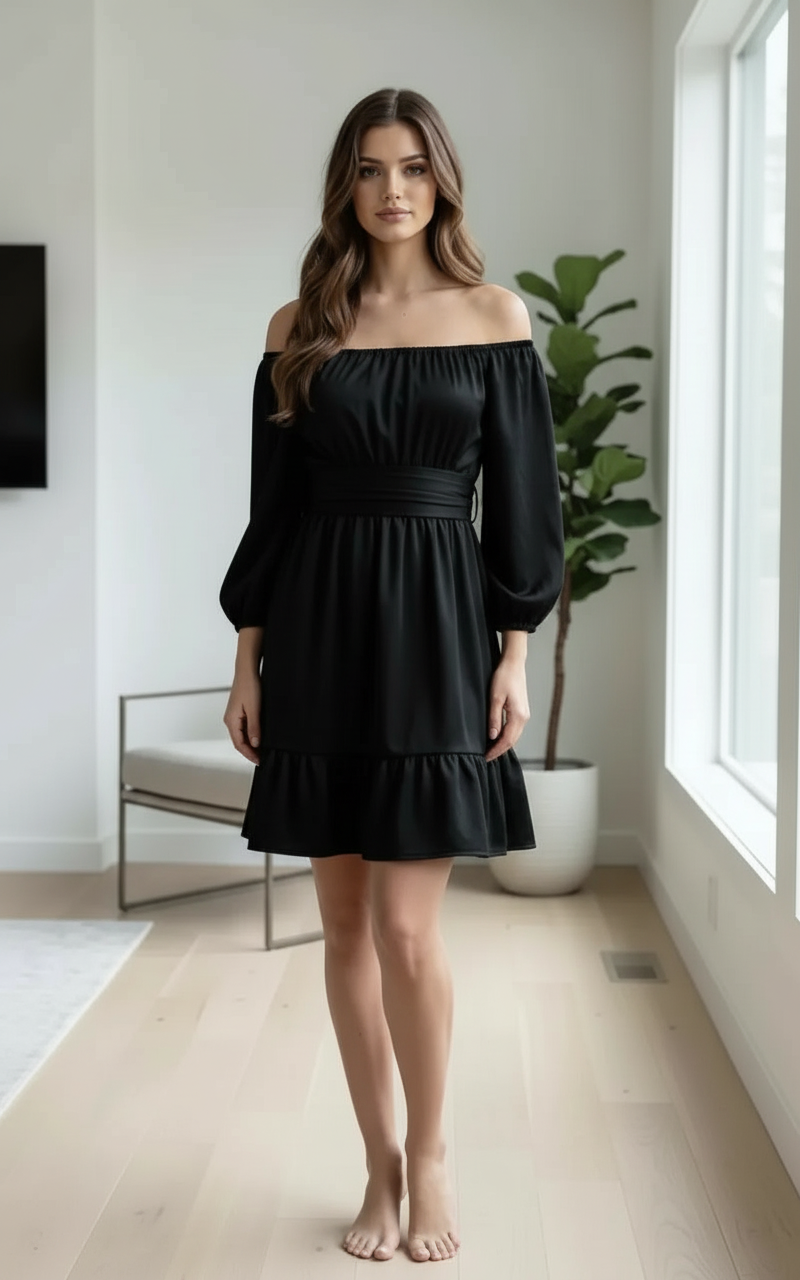 Off-Shoulder Satin Black Dress