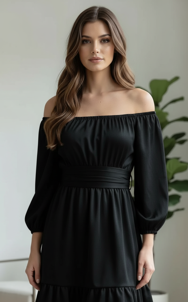 Off-Shoulder Satin Black Dress view 3