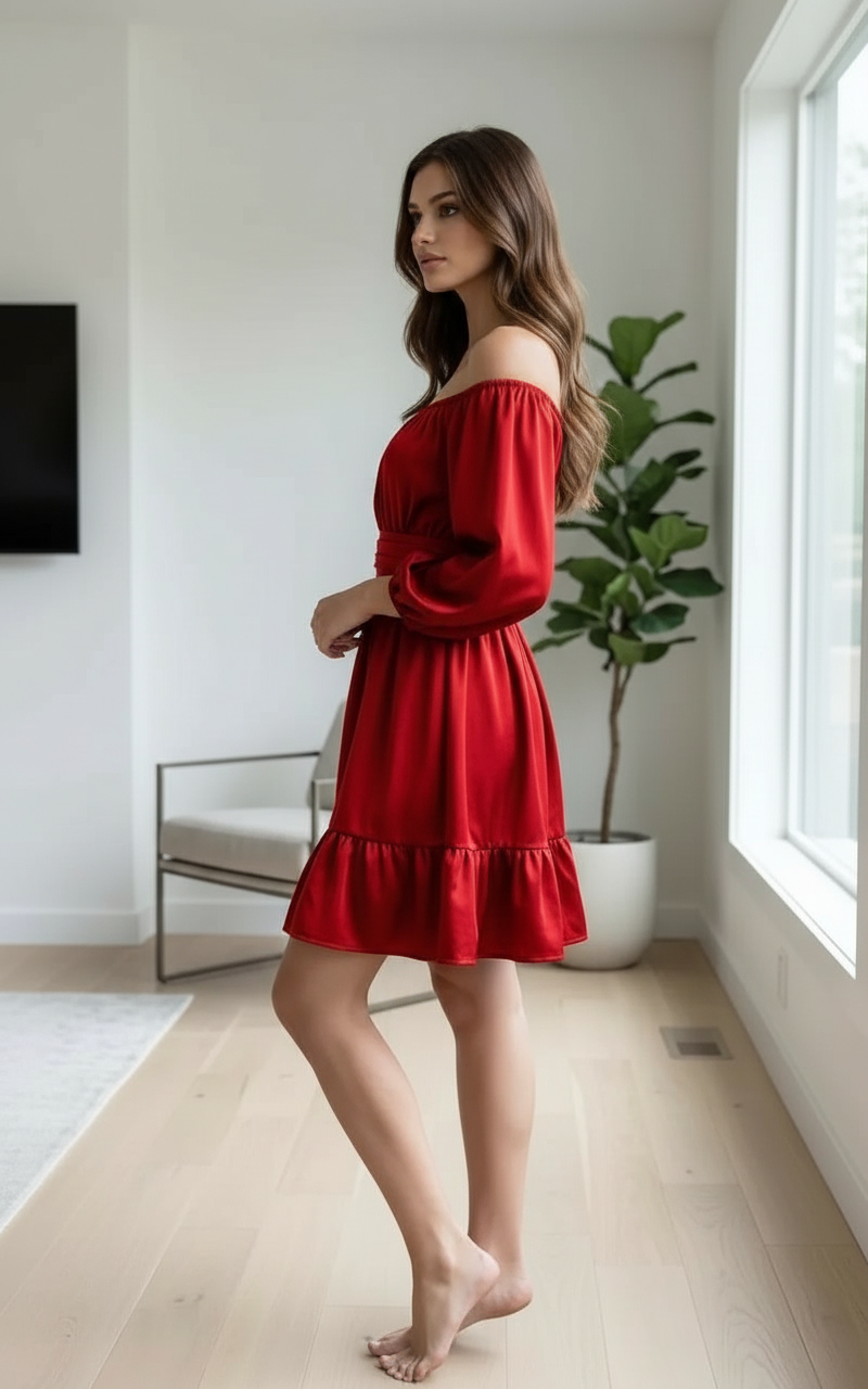 Red Off-Shoulder Satin Dress view 3