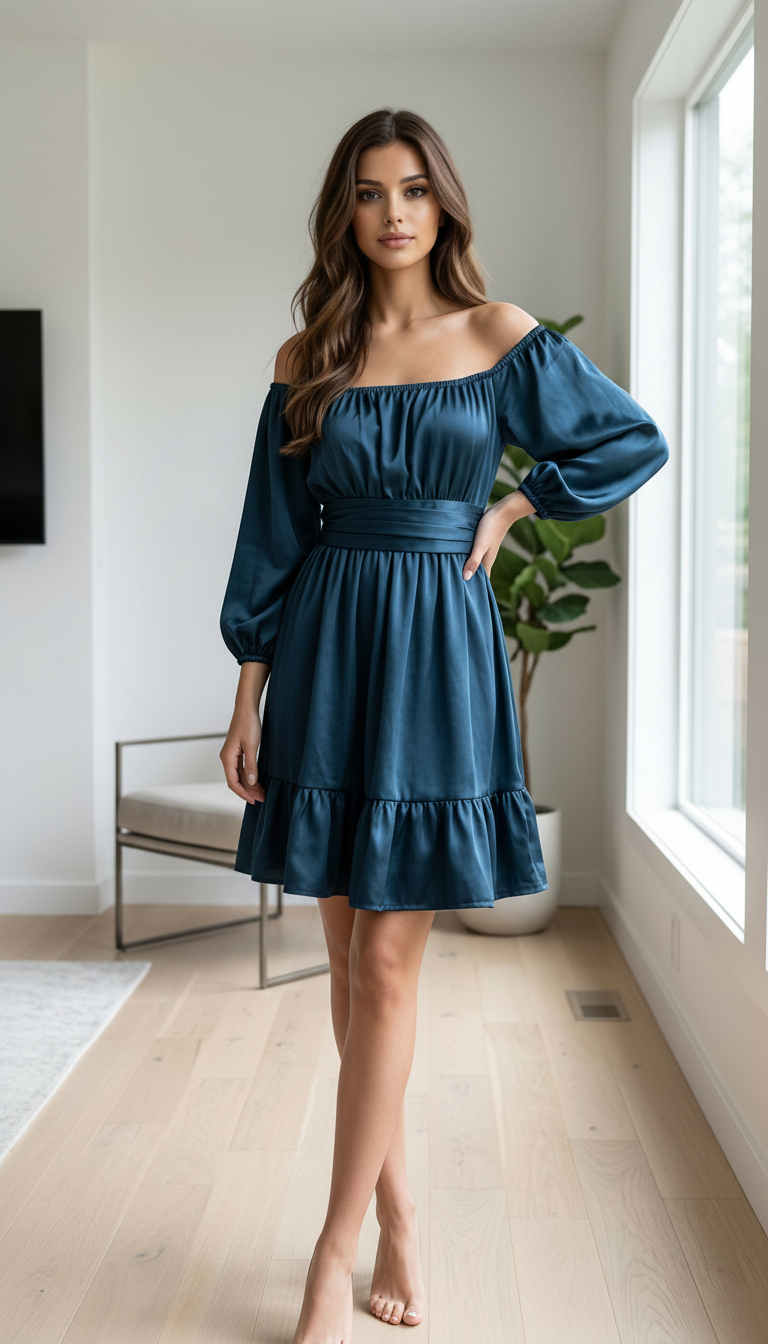 Off-Shoulder Flounce Satin Dress view 4