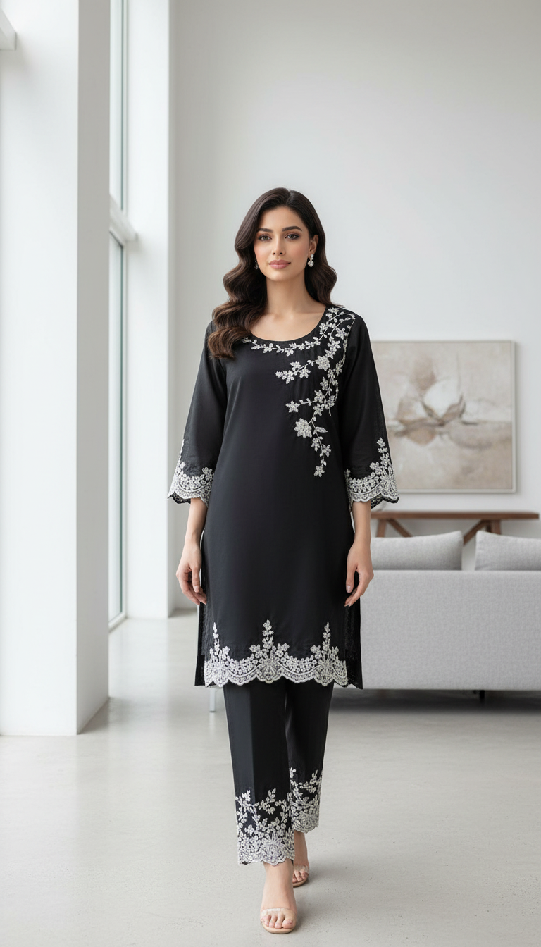 Embroidered Black Kurta Set view 5