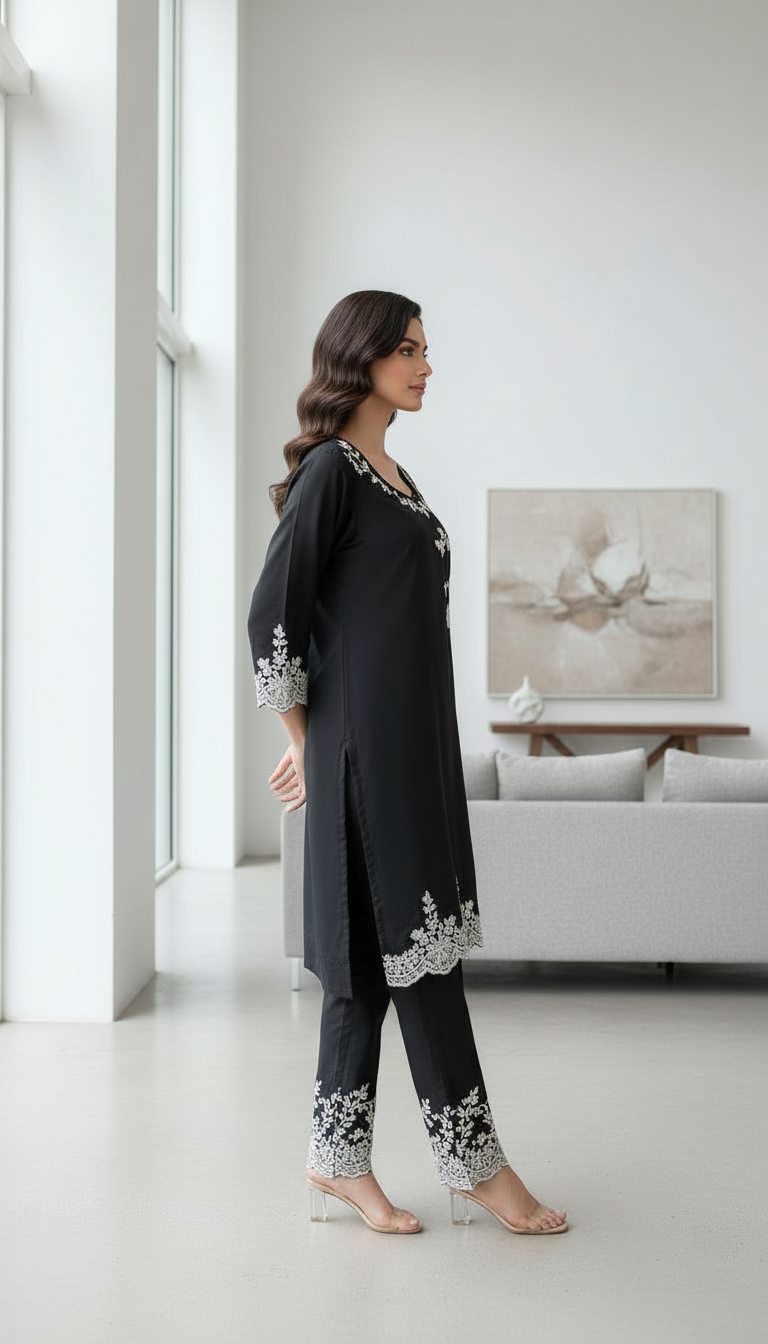 Embroidered Black Kurta Set view 2