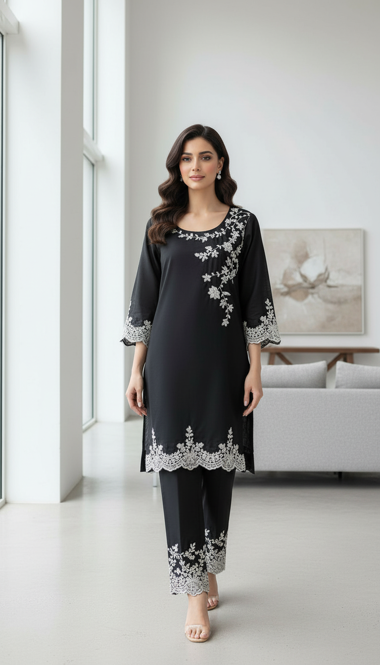 Embroidered Black Kurta Set